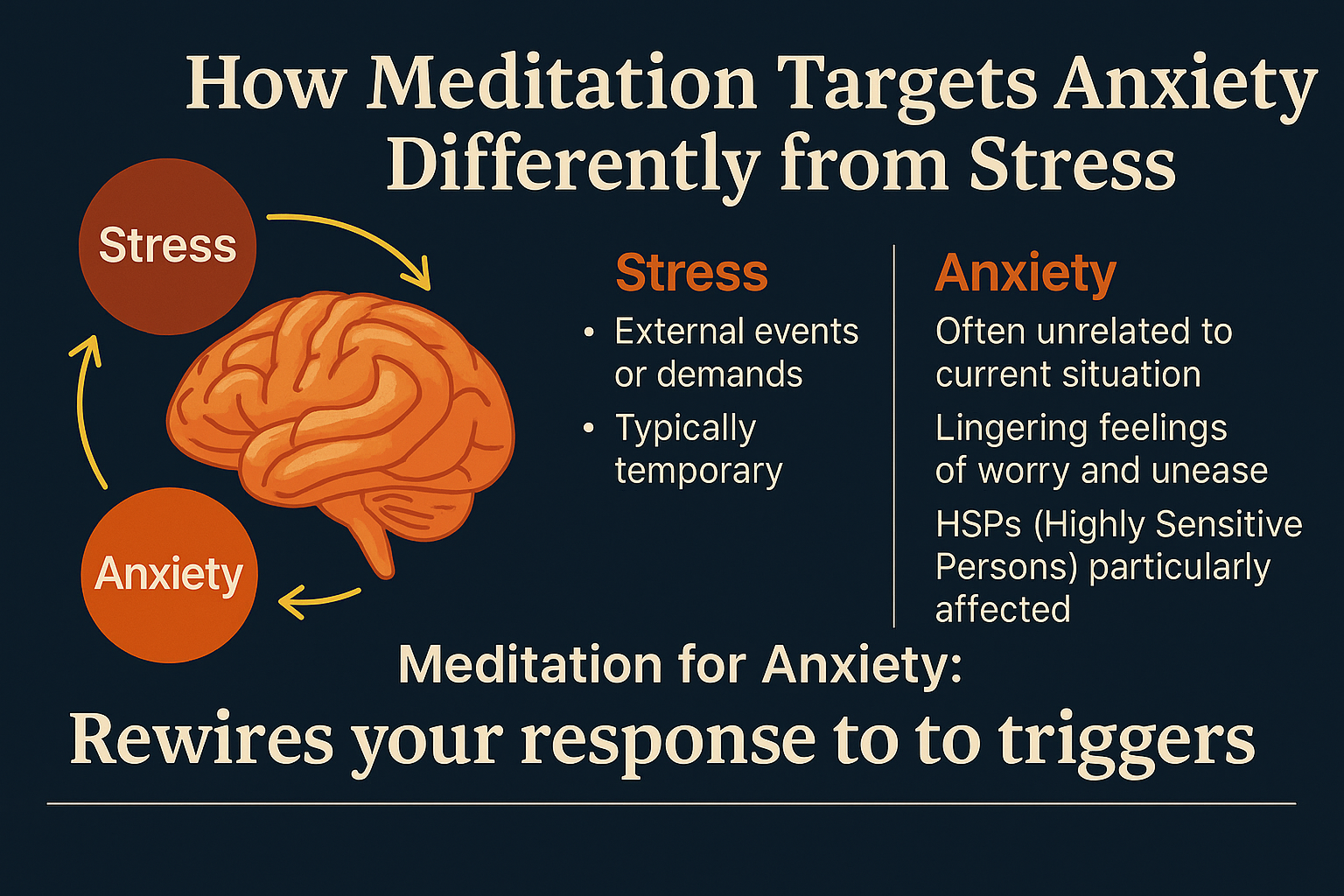 A horizontal infographic titled “How Meditation Targets Anxiety Differently from Stress” comparing key differences between stress and anxiety with a brain illustration and summary points, highlighting how meditation rewires responses to anxiety triggers.