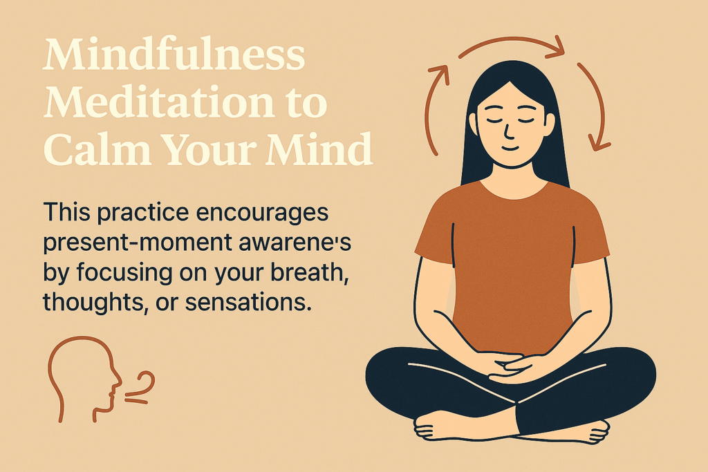 A flat-style digital infographic titled “Mindfulness Meditation to Calm Your Mind,” featuring an East Asian woman meditating and a brief explanation of mindfulness meditation’s benefits for present-moment awareness.
