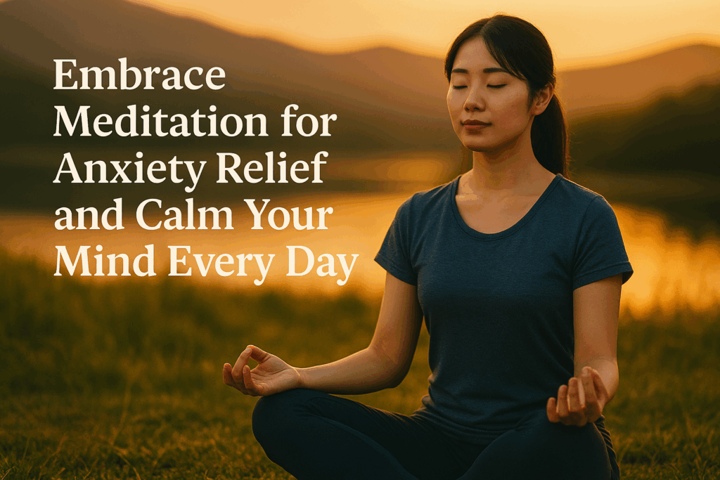 A serene digital photograph with overlaid text reading “Embrace Meditation for Anxiety Relief and Calm Your Mind Every Day,” showing a peaceful East Asian woman meditating in nature at sunset with soft golden light.