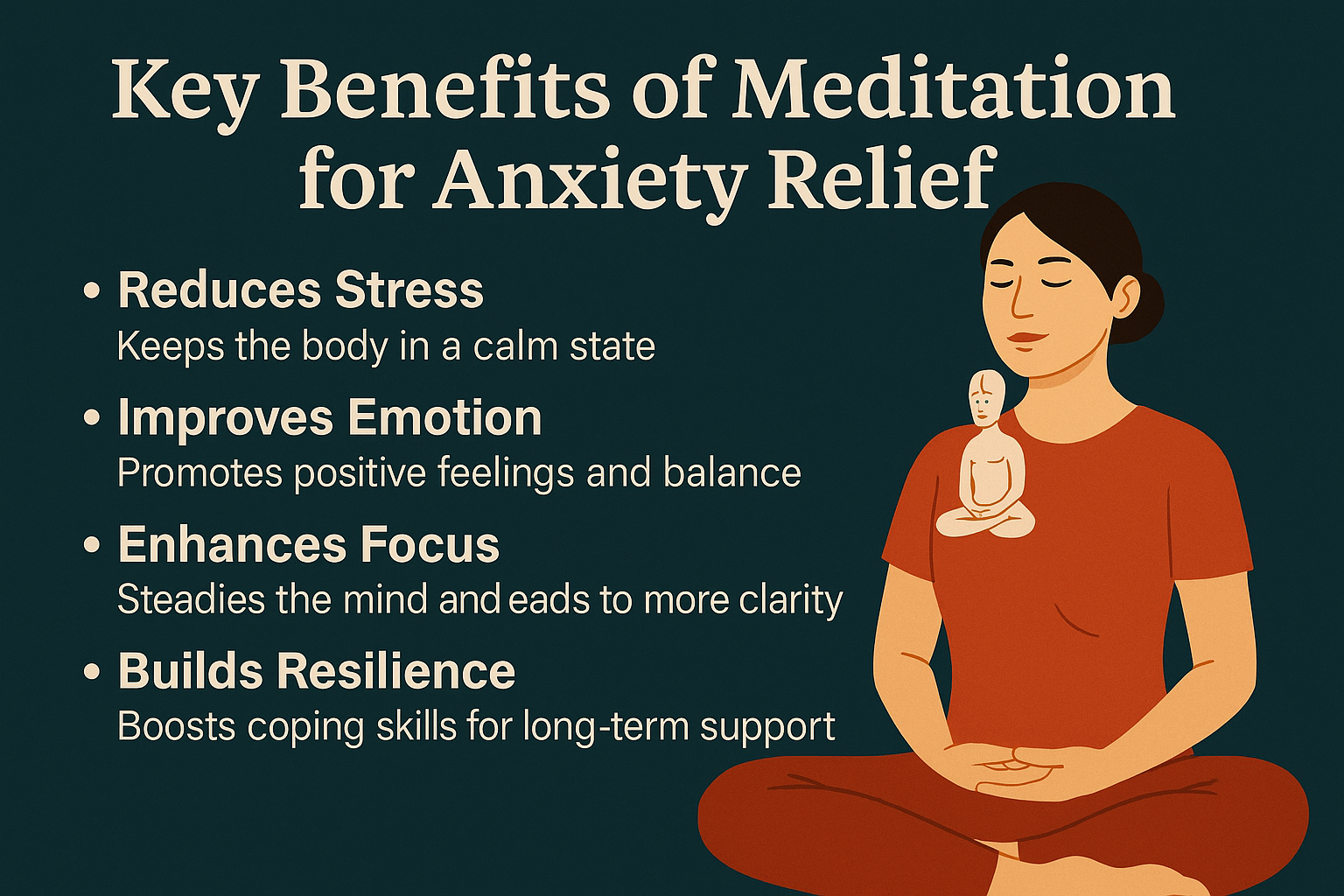 An infographic-style image titled “Key Benefits of Meditation for Anxiety Relief” featuring a meditating woman and four bullet points highlighting stress reduction, emotional balance, focus, and resilience