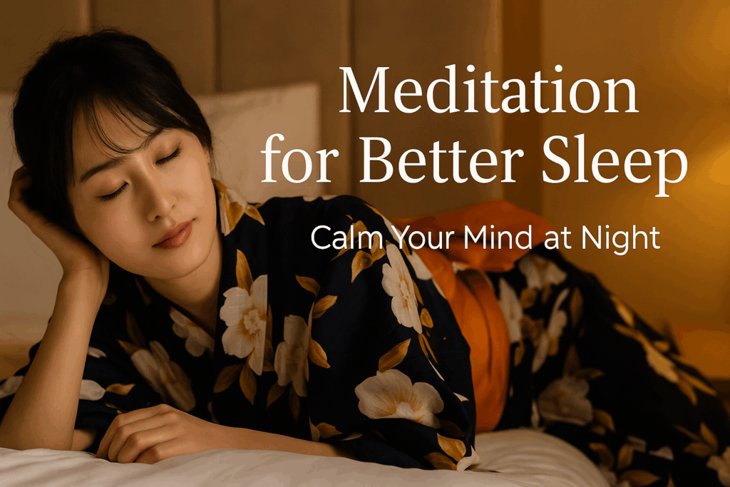 A serene, high-resolution photograph of a young Japanese woman in a traditional kimono, sitting peacefully in a horizontal composition. She is meditating outdoors at dusk, surrounded by soft natural light. Overlay text reads: 'Meditation for Better Sleep: Calm Your Mind at Night