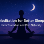 A peaceful night scene with a person meditating under a starry sky, symbolizing the calming effects of meditation for better sleep.