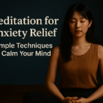 A young Asian woman practicing meditation in a peaceful room, surrounded by soft light, symbolizing anxiety relief and emotional calm.