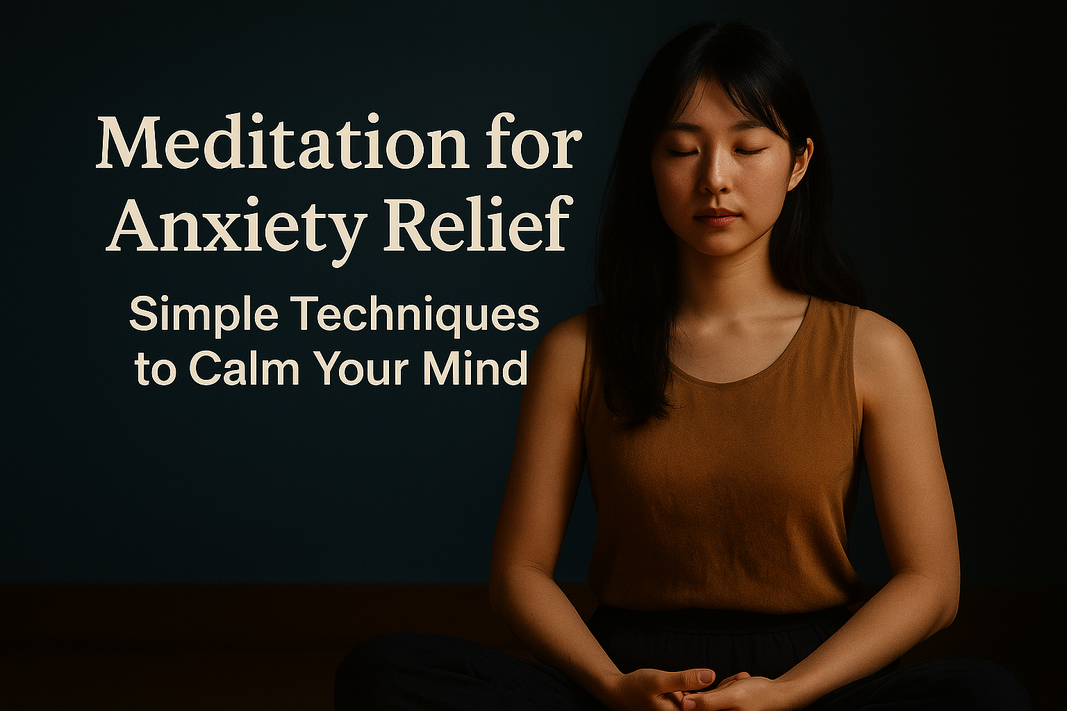 A young Asian woman practicing meditation in a peaceful room, surrounded by soft light, symbolizing anxiety relief and emotional calm.