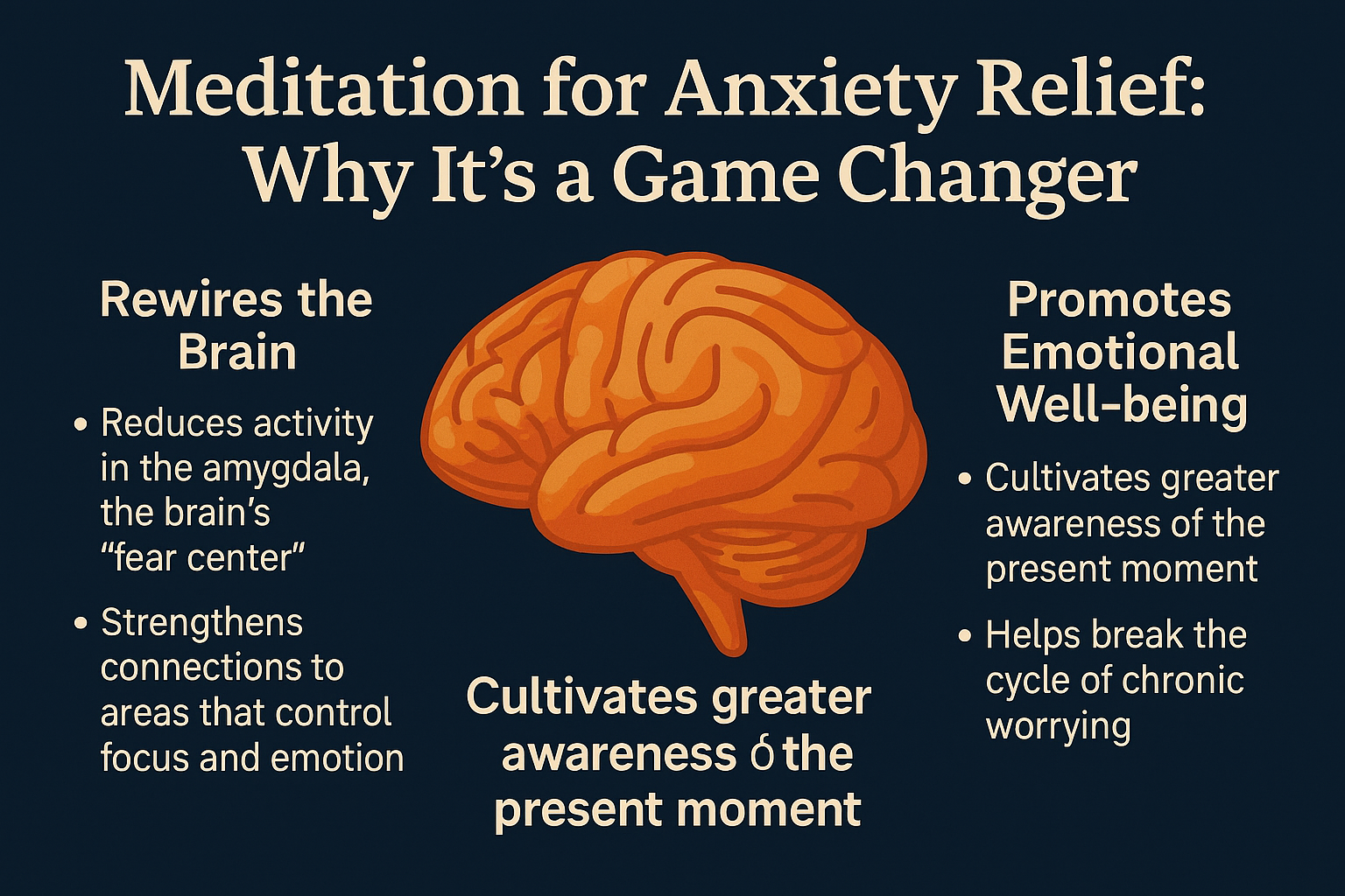 A horizontal infographic titled “Meditation for Anxiety Relief: Why It’s a Game Changer” featuring a central brain illustration with two side panels highlighting benefits like rewiring the brain and promoting emotional well-being.
